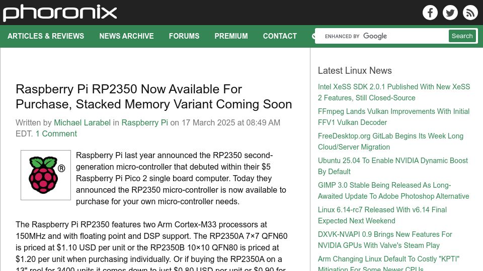 Screenshot of phoronix.com: Raspberry Pi RP2350 Now Available for Purchase, Stacked Memory Variant Coming