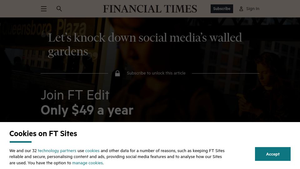 Screenshot of ft.com: Let's knock down social media's walled gardens – Tim Berners-Lee