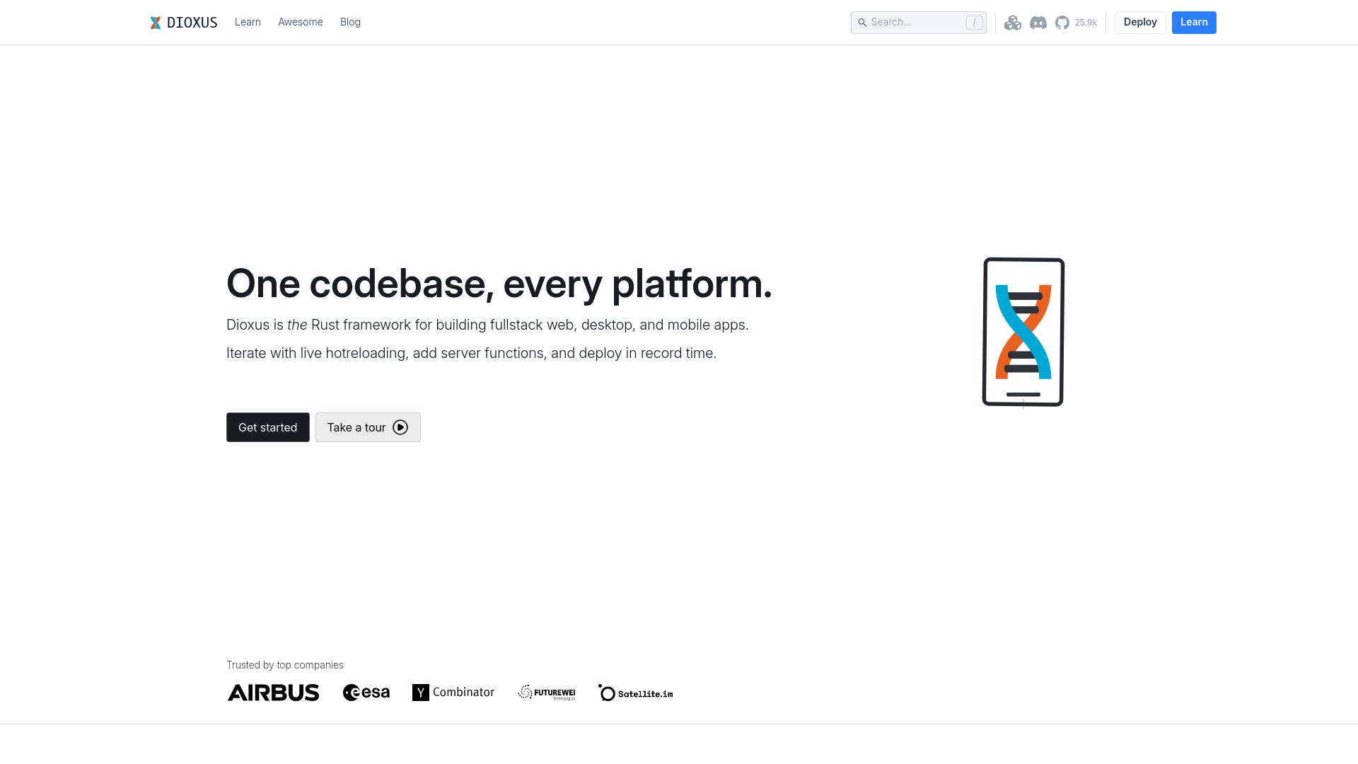 Screenshot of dioxuslabs.com: Dioxus – Fullstack crossplatform app framework for Rust
