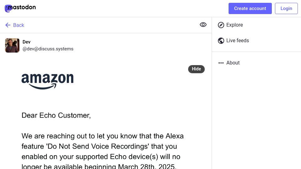 Screenshot of discuss.systems: The Alexa feature "do not send voice recordings" you enabled no longer available