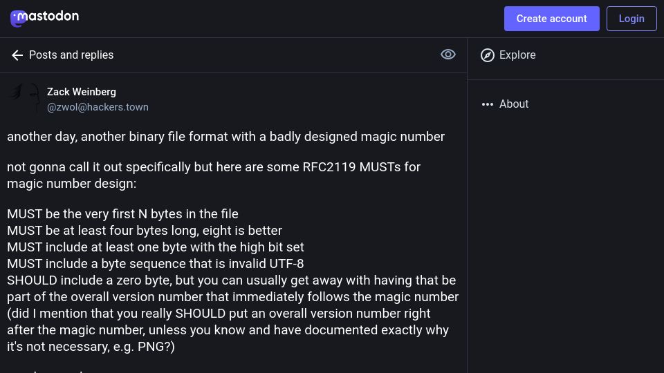 Screenshot of hackers.town: Recommendations for designing magic numbers of binary file formats
