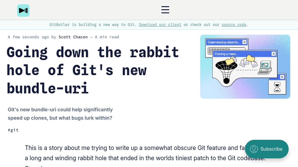 Screenshot of blog.gitbutler.com: Going down the rabbit hole of Git's new bundle-URI