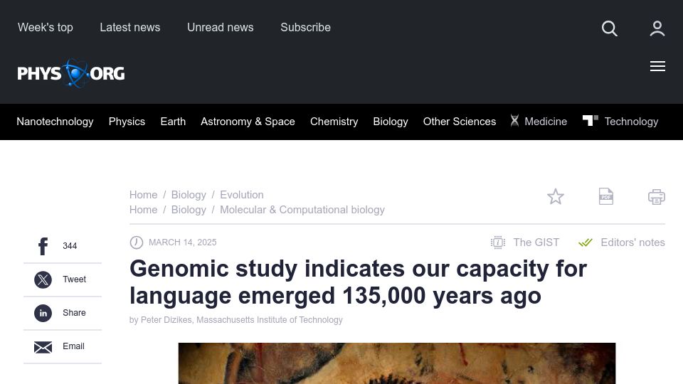 Screenshot of phys.org: Genomic study: our capacity for language emerged at least 135k years ago