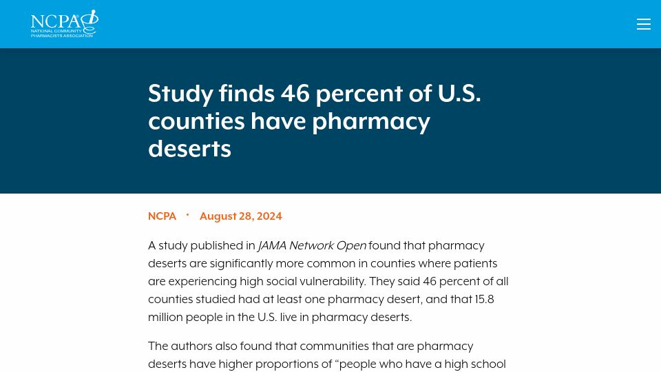 Screenshot of ncpa.org: Study finds 46 percent of U.S. counties have pharmacy deserts