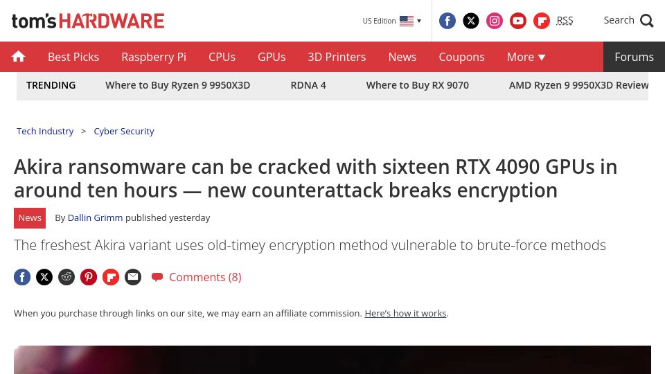 Screenshot of tomshardware.com: Akira ransomware can be cracked with sixteen RTX 4090 GPUs in around ten hours