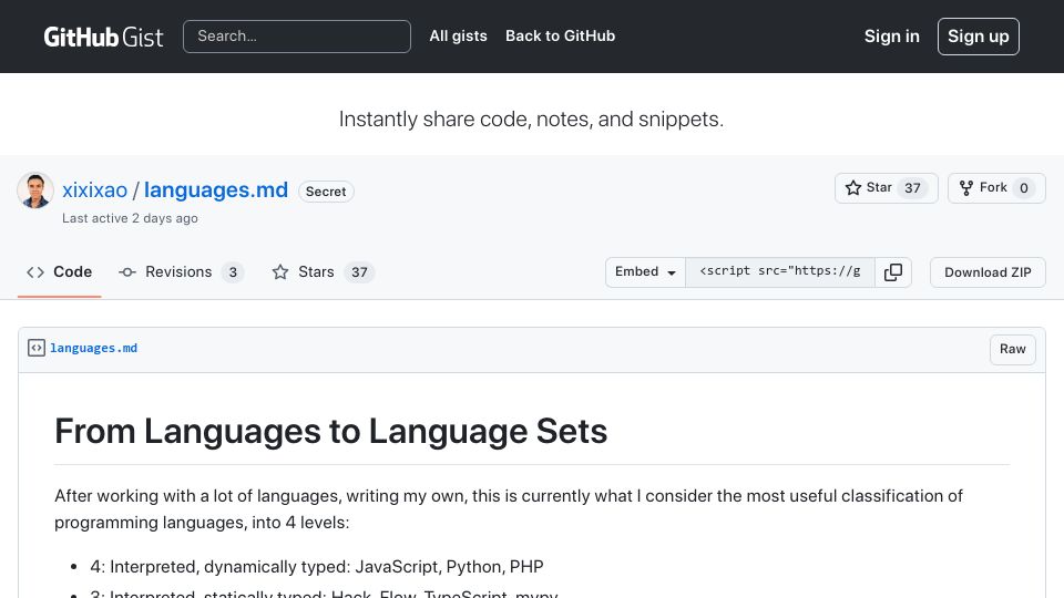 Screenshot of gist.github.com: From Languages to Language Sets