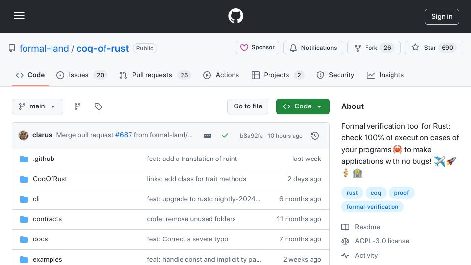 Screenshot of github.com: Coq-of-rust: Formal verification tool for Rust
