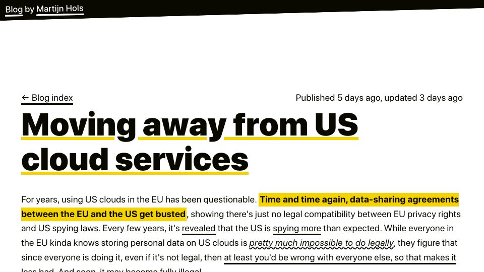 Screenshot of martijnhols.nl: Moving away from US cloud services