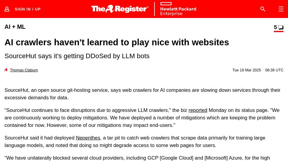Screenshot of theregister.com: AI crawlers haven't learned to play nice with websites