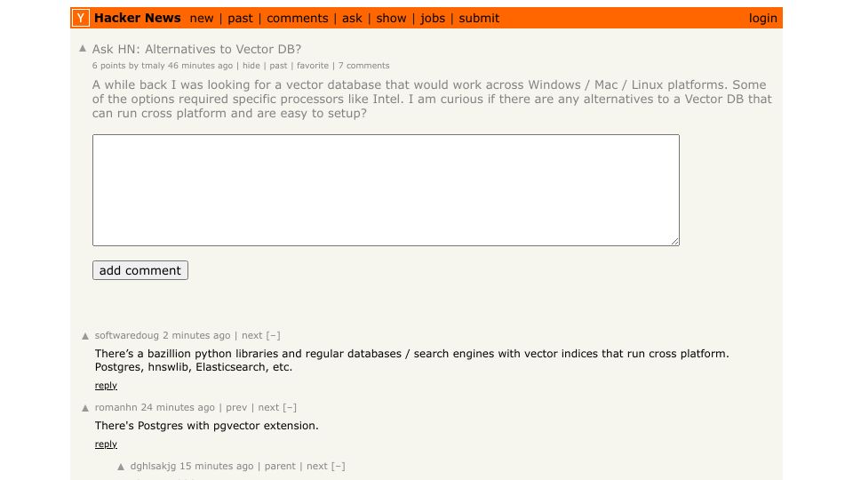 Screenshot of Hacker News post: Ask HN: Alternatives to Vector DB?