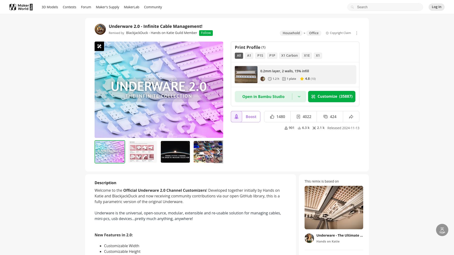 Screenshot of makerworld.com: Underware 2.0 – Open Source Infinite Cable Management