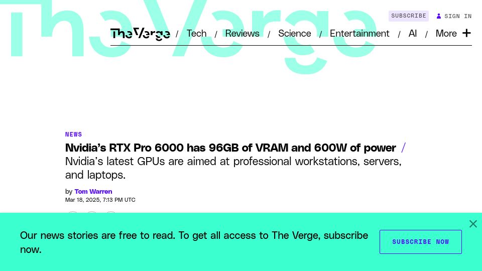 Screenshot of theverge.com: Nvidia's RTX Pro 6000 has 96GB of VRAM and 600W of power