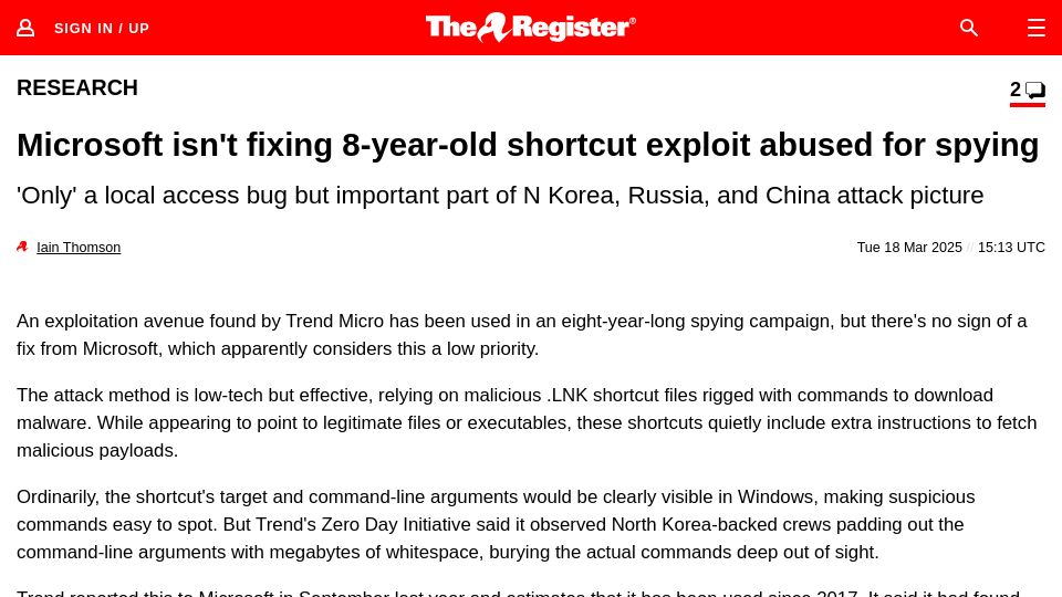 Screenshot of theregister.com: Microsoft isn't fixing 8-year-old shortcut exploit abused for spying