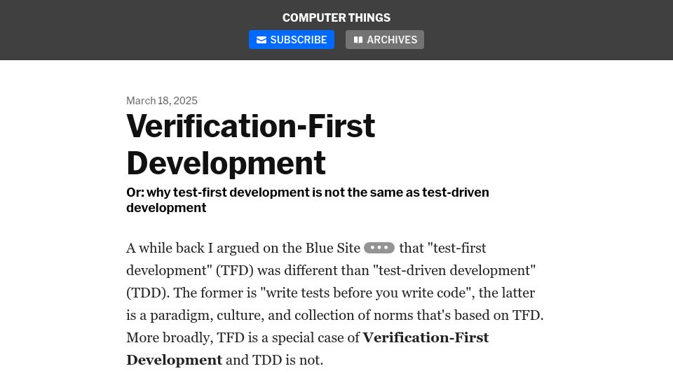 Screenshot of buttondown.com: Verification-First Development