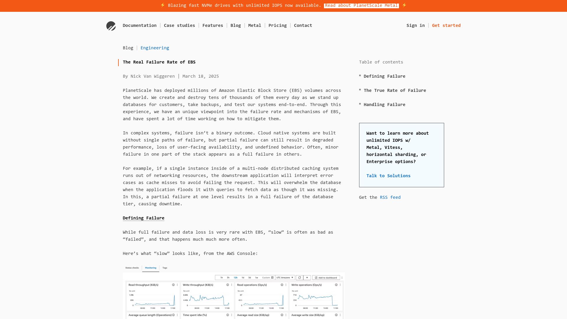 Screenshot of planetscale.com: The real failure rate of EBS