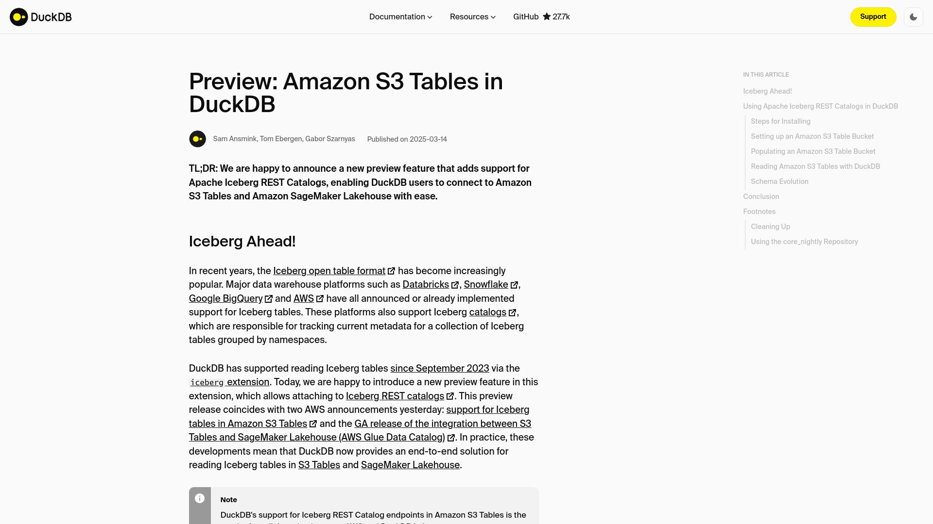 Screenshot of duckdb.org: Preview: Amazon S3 Tables and Lakehouse in DuckDB