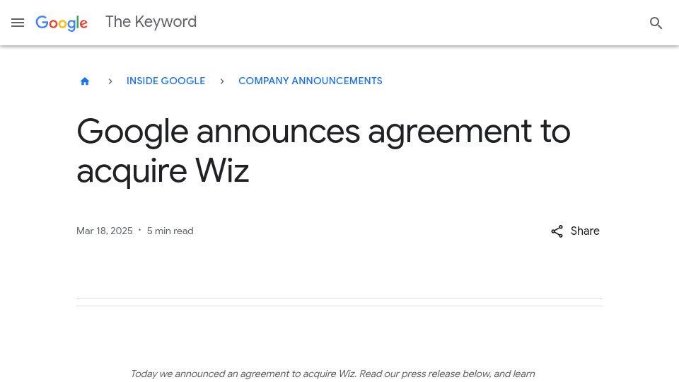 Screenshot of blog.google: Google announces agreement to acquire Wiz