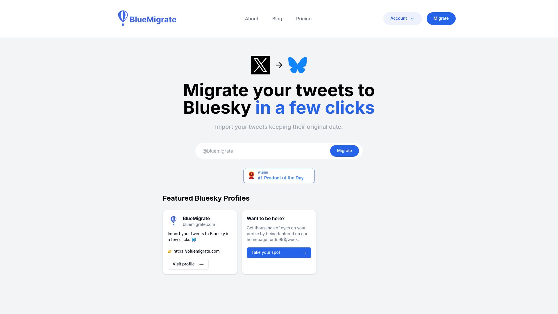 Screenshot of bluemigrate.com: Show HN: I made a tool to port tweets to Bluesky mantaining their original date