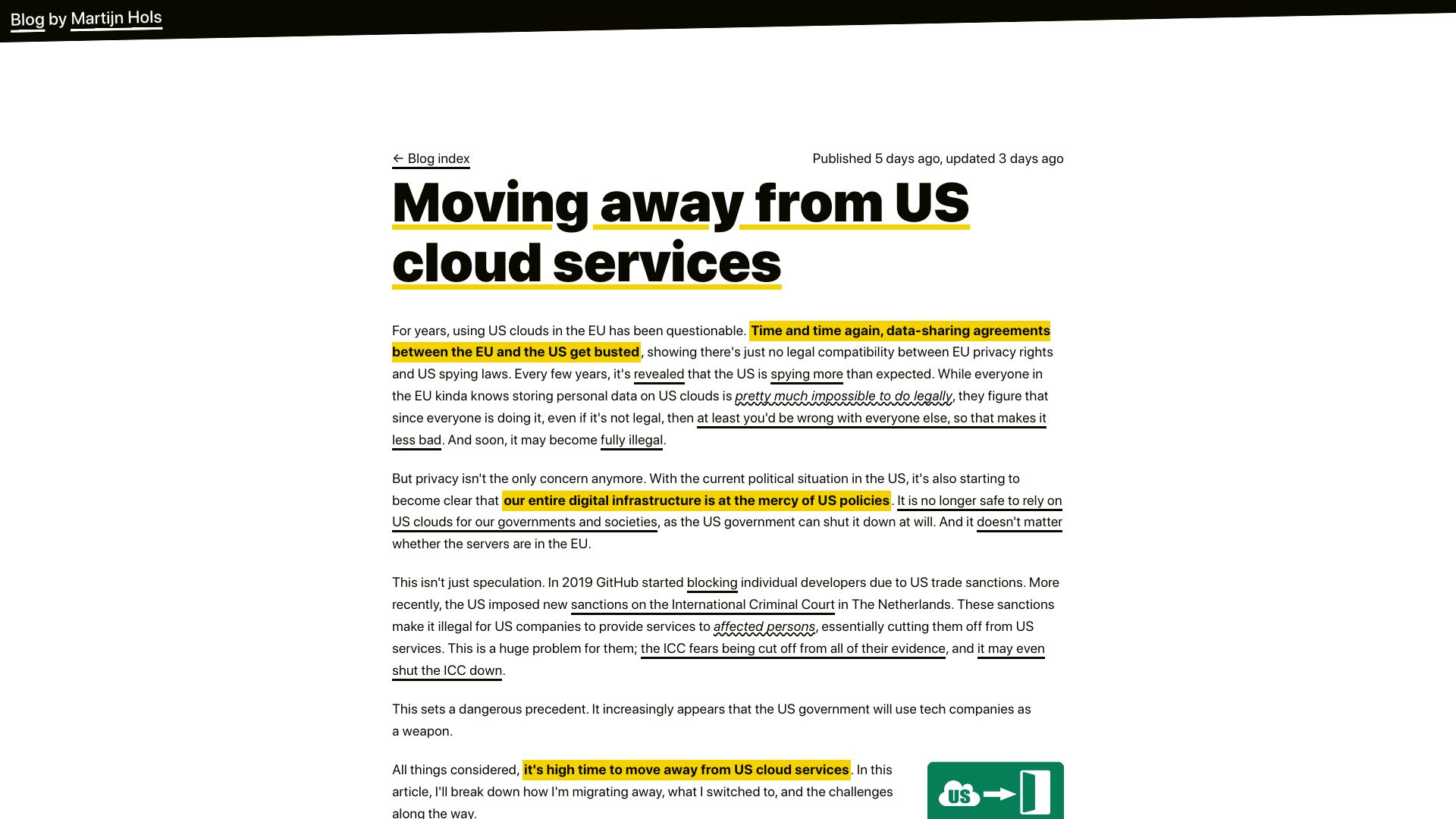 Screenshot of martijnhols.nl: Moving away from US cloud services
