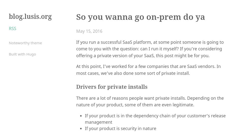 Screenshot of blog.lusis.org: So you wanna go on prem (2016)