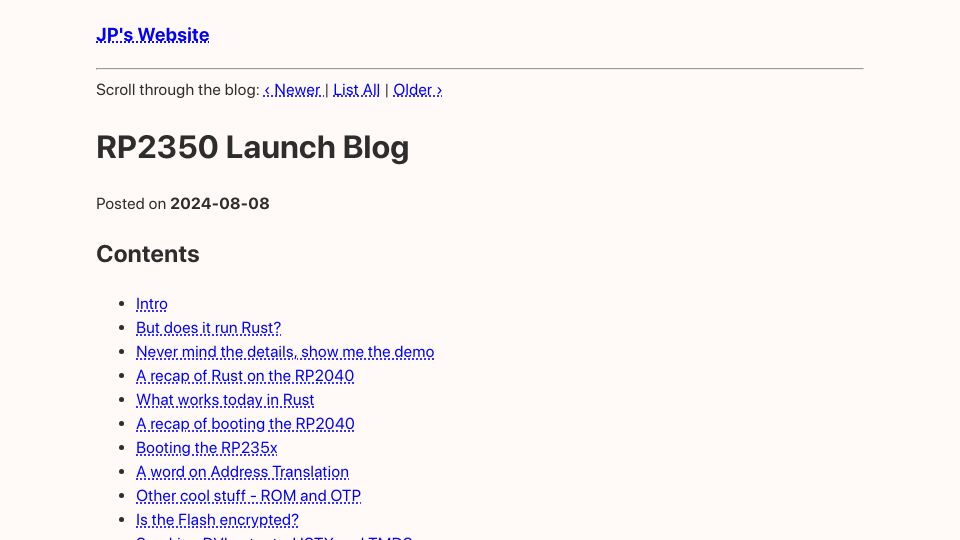 Screenshot of thejpster.org.uk: Rust on the RP2350 (2024)