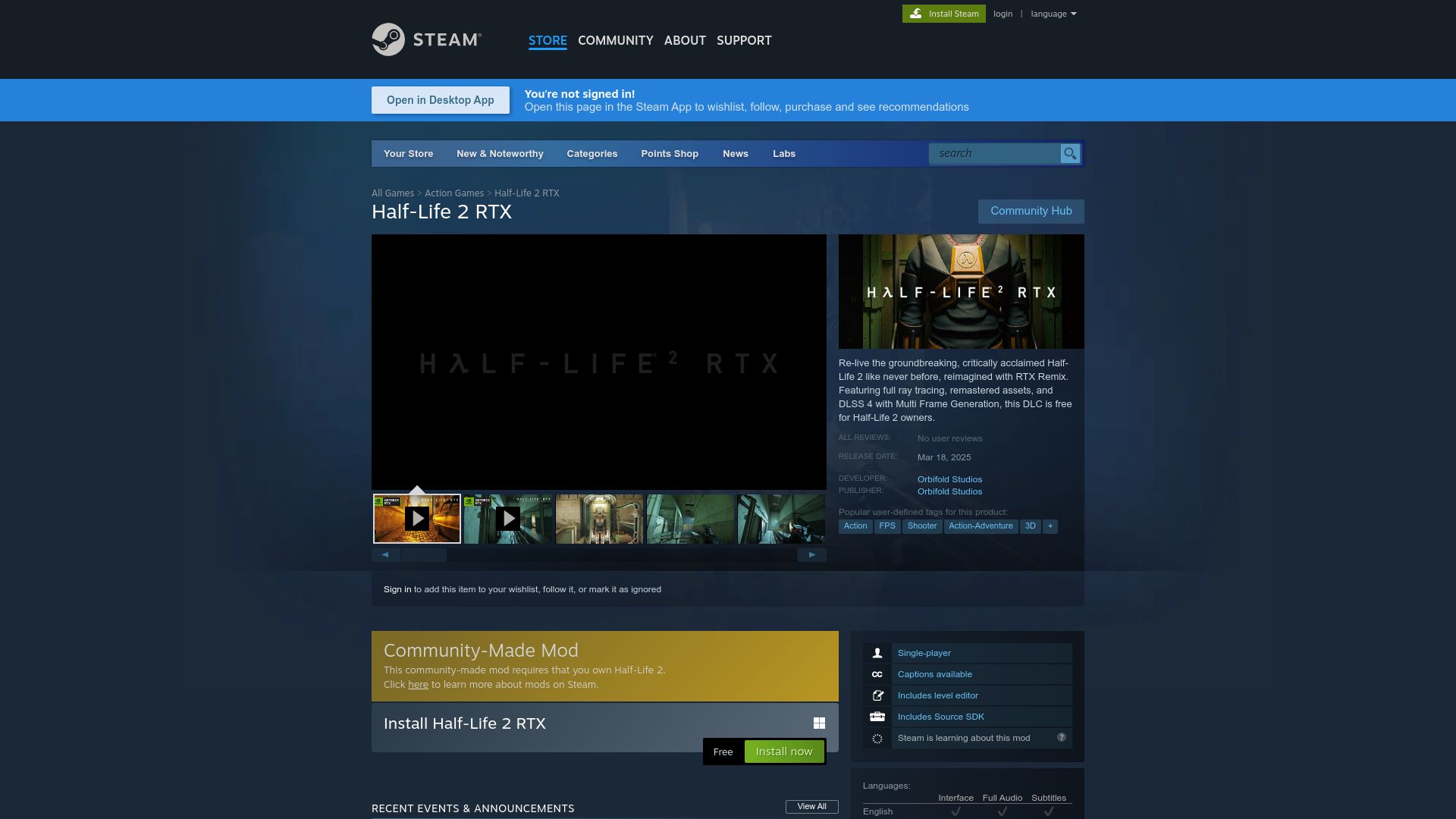 Screenshot of store.steampowered.com: Half-Life 2 RTX