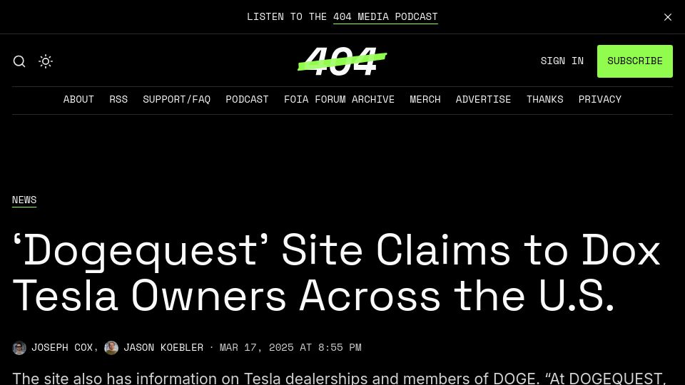 Screenshot of 404media.co: 'Dogequest' Site Claims to Dox Tesla Owners Across the U.S.