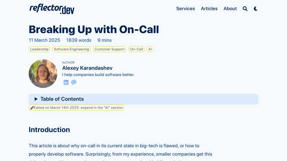 Screenshot of reflector.dev: Breaking Up with On-Call