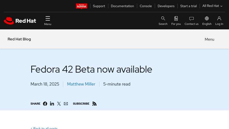 Screenshot of redhat.com: Fedora 42 Beta