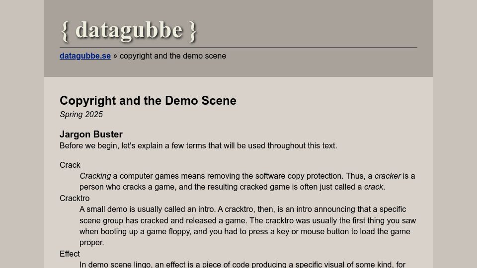 Screenshot of datagubbe.se: Copyright and the Demo Scene