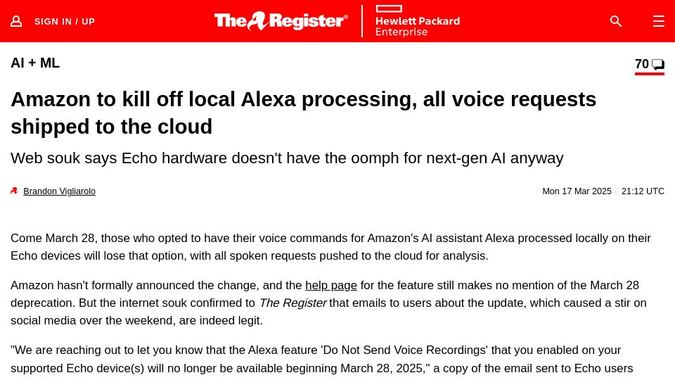 Screenshot of theregister.com: Amazon to kill off local Alexa processing, all voice requests shipped to cloud