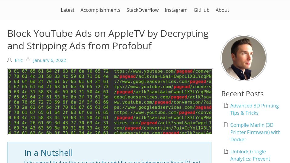 Screenshot of ericdraken.com: Block YouTube ads on AppleTV by decrypting and stripping ads from Profobuf (2022)