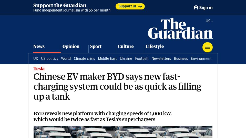 Screenshot of theguardian.com: BYD says new fast-charging system could be as quick as filling up a tank