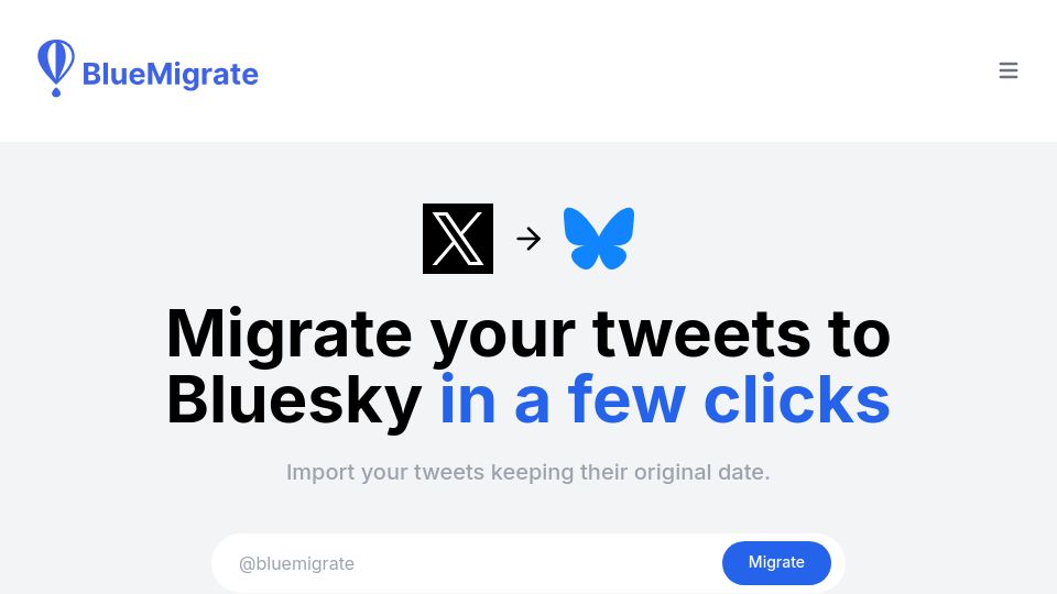 Screenshot of bluemigrate.com: Show HN: I made a tool to port tweets to Bluesky mantaining their original date