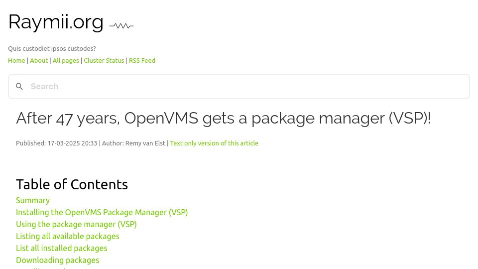 Screenshot of raymii.org: After 47 years, OpenVMS gets a package manager (VSP)
