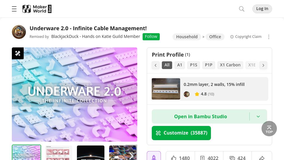 Screenshot of makerworld.com: Underware 2.0 – Open Source Infinite Cable Management