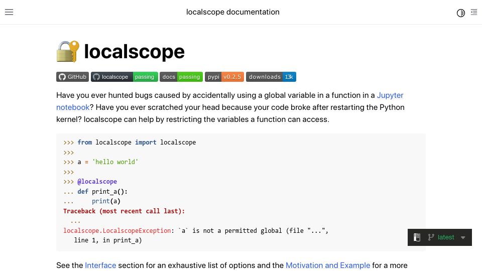 Screenshot of localscope.readthedocs.io: Show HN: Localscope–Limit scope of Python functions for reproducible execution