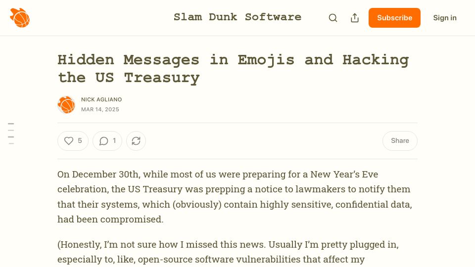 Screenshot of slamdunksoftware.substack.com: Hidden Messages in Emojis and Hacking the US Treasury