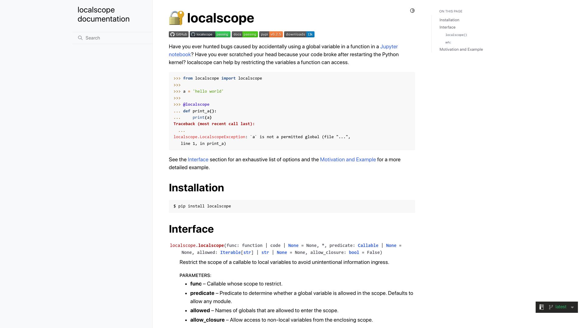 Screenshot of localscope.readthedocs.io: Show HN: Localscope–Limit scope of Python functions for reproducible execution