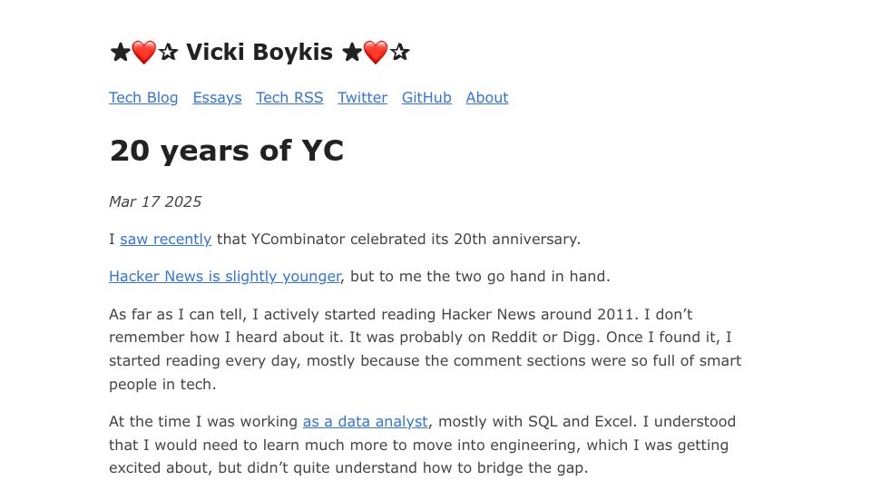 Screenshot of vickiboykis.com: 20 Years of YC / HN