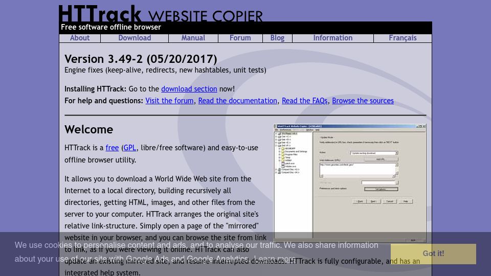 Screenshot of httrack.com: HTTrack Website Copier