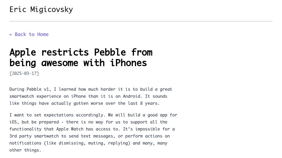 Screenshot of ericmigi.com: Apple restricts Pebble from being awesome with iPhones