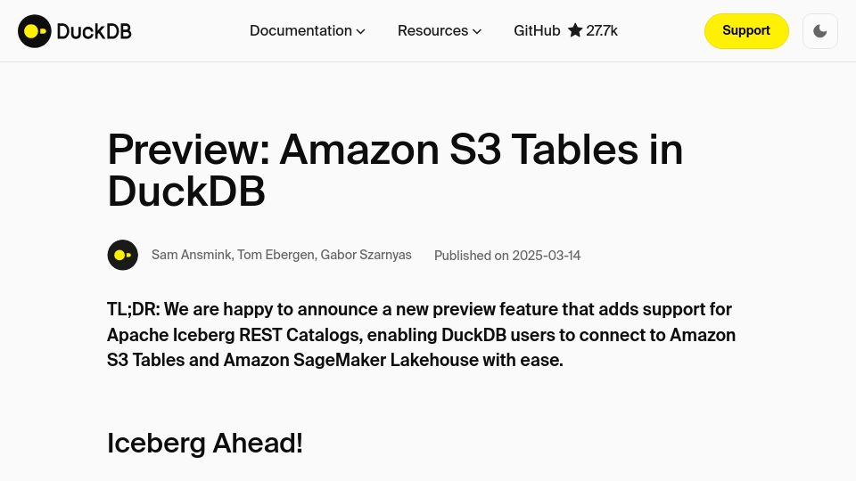 Screenshot of duckdb.org: Preview: Amazon S3 Tables and Lakehouse in DuckDB