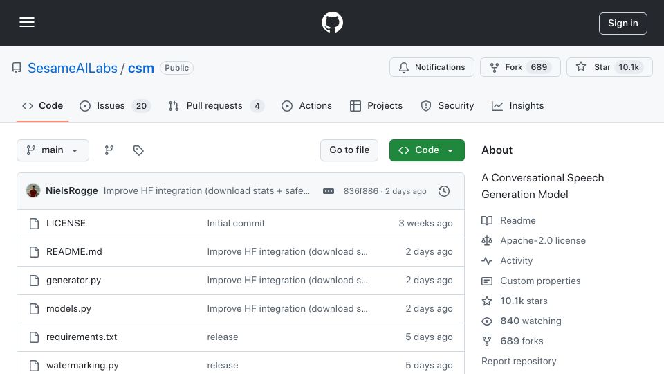 Screenshot of github.com: Sesame CSM: A Conversational Speech Generation Model