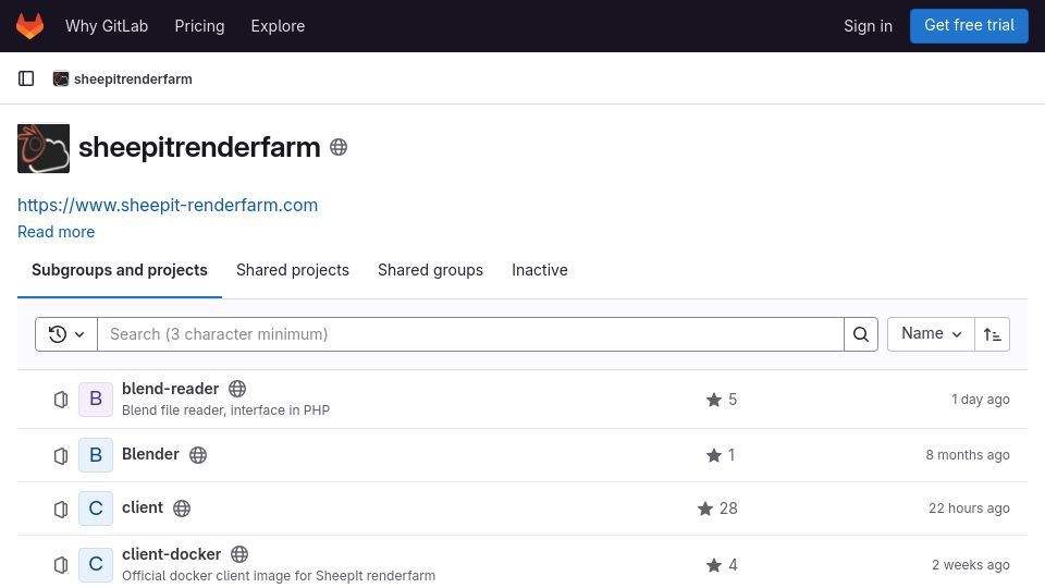 Screenshot of gitlab.com: SheepIt Render Farm server code goes open source