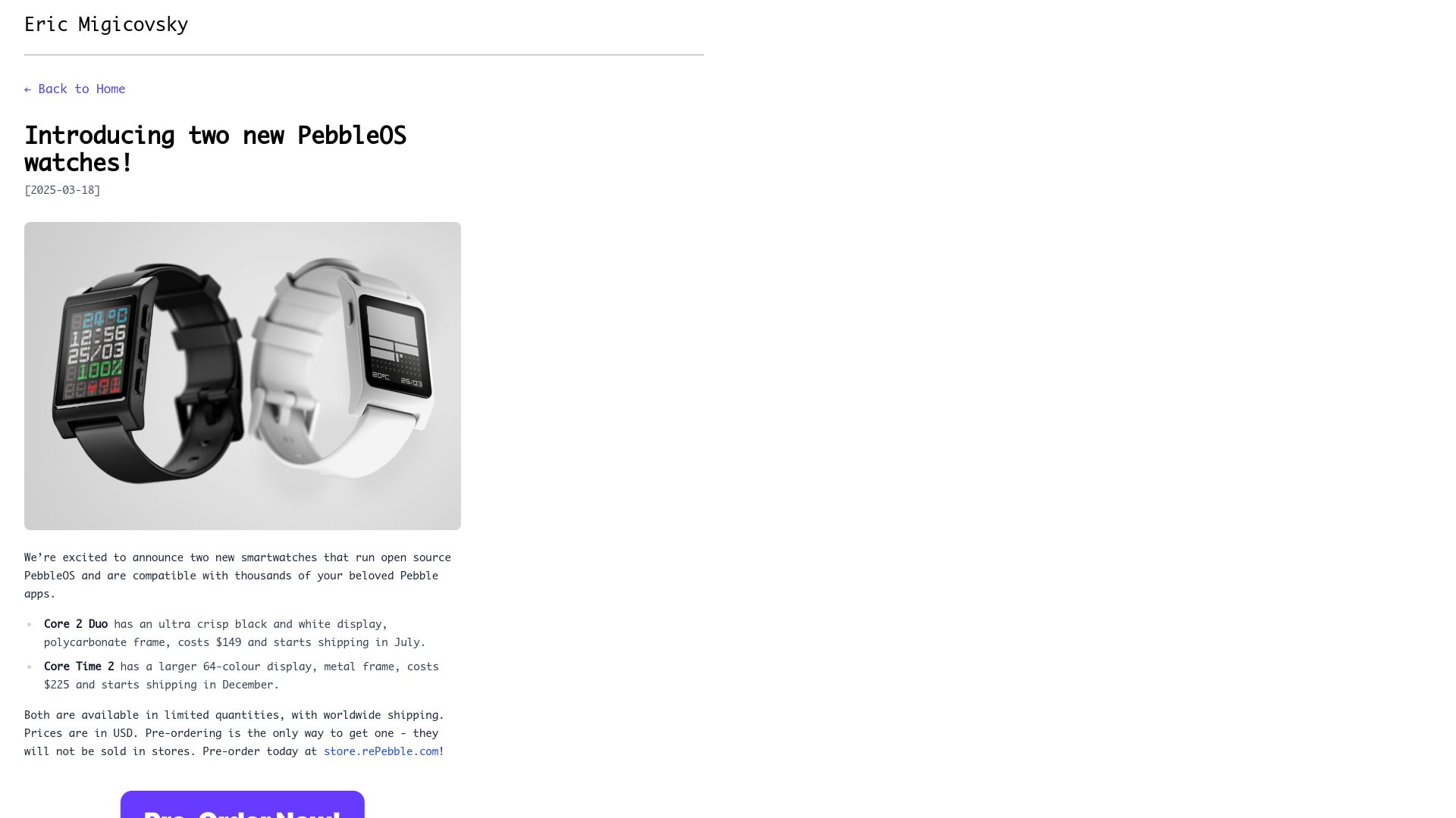 Screenshot of ericmigi.com: Two new PebbleOS watches