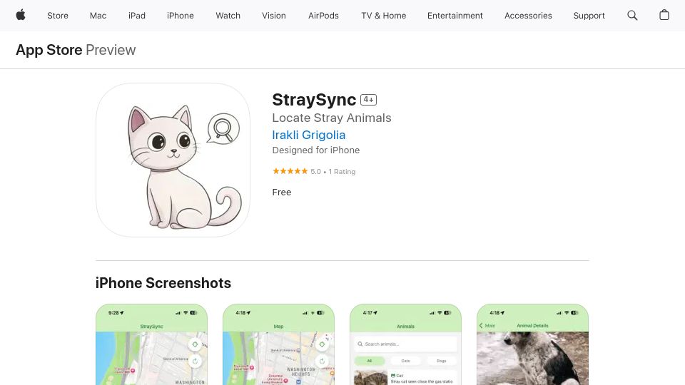 Screenshot of apps.apple.com: Show HN: I Built an iOS app to locate stray animals