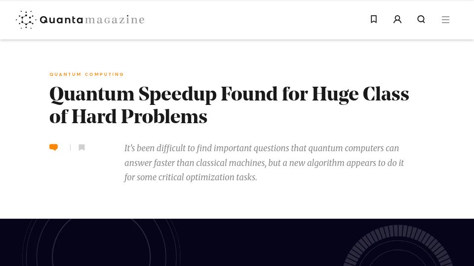 Screenshot of quantamagazine.org: Quantum Speedup Found for Class of Hard Problems