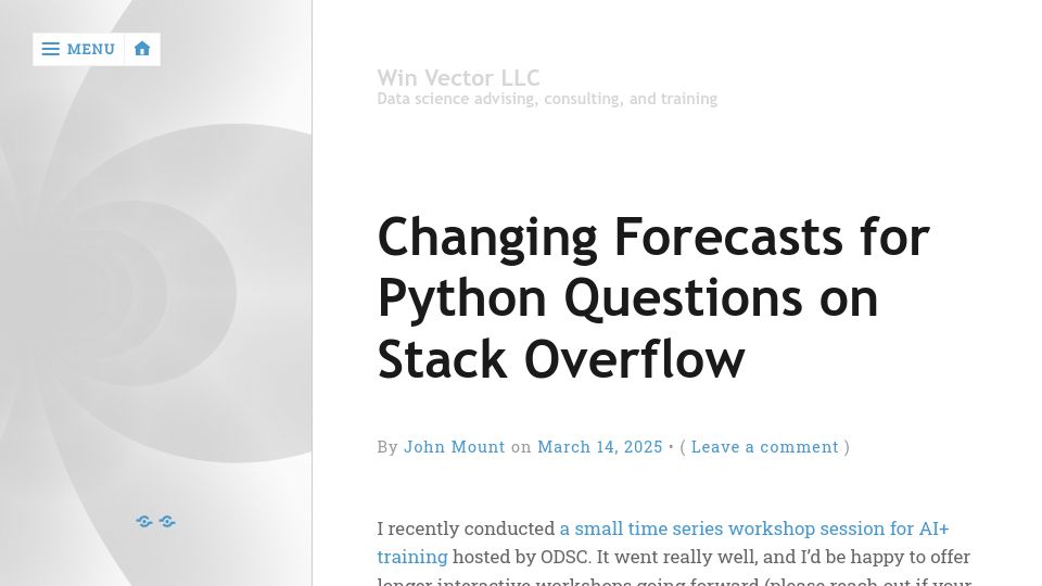 Screenshot of win-vector.com: Changing Forecasts for Python Questions on Stack Overflow