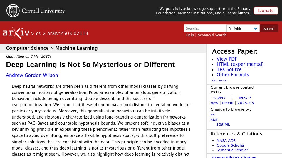 Screenshot of arxiv.org: Deep Learning Is Not So Mysterious or Different